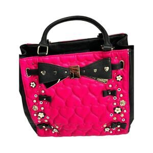 Betsey Johnson Sequin Bow Floral Purse Hot Pink n Black Faux Leather Satchel
